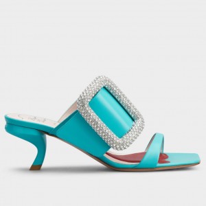 Roger Vivier Viv' Choc Side Strass Buckle Mules in Blue Leather