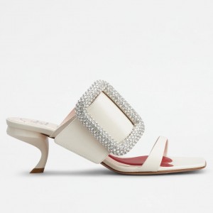 Roger Vivier Viv' Choc Side Strass Buckle Mules in White Leather