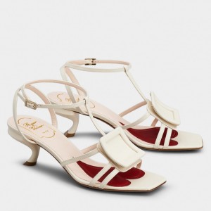 Roger Vivier Virgule Covered Buckle Sandals in White Leather