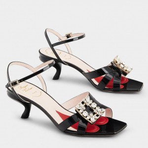 Roger Vivier Virgule Mini Broche Vivier Buckle Sandals in Black Patent Leather