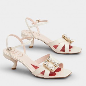 Roger Vivier Virgule Mini Broche Vivier Buckle Sandals in White Patent Leather