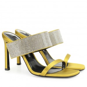 Sergio Rossi SR Paris Sandals 90MM in Yellow Satin with Rhinestones