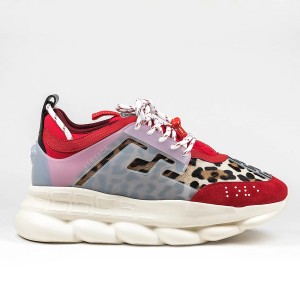 Versace Women's Red Chain Reaction Sneakers With Leopard Print
