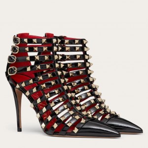 Valentino Rockstud Alcove Boots In Black Patent Leather