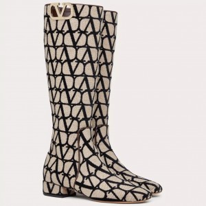 Valentino VLogo Type Knee Boots in Black Toile Iconographe fabric