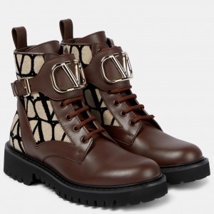 Valentino Vlogo Signature Combat Boots in Black Toile Iconographe