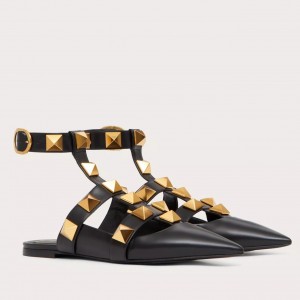 Valentino Roman Stud Ballet Flats In Black Calfskin