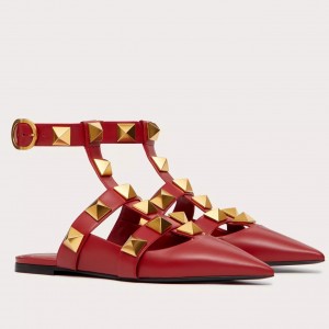 Valentino Roman Stud Ballet Flats In Red Calfskin