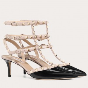 Valentino Rockstud Caged Pumps 65mm In Black Patent Leather