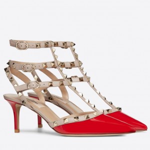 Valentino Rockstud Caged Pumps 65mm In Red Patent Leather