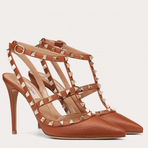 Valentino Rockstud Ankle Strap Pumps 100mm In Brown Calfskin