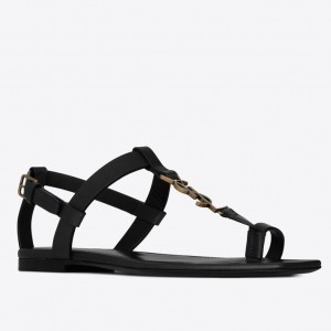 Saint Laurent Cassandra Flat Sandals In Black Calfskin