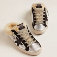 Golden Goose Women's Super-Star Sabot in Silver Laminated Leather with Black Star 