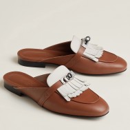 Hermes Women's Oz Mules with Fringed in Brown/White Leather