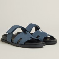 Hermes Women's Chypre Sandals In Blue Suede Calfskin 