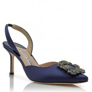 Manolo Blahnik Hangisi 70 Slingback Pumps in Navy Blue Satin