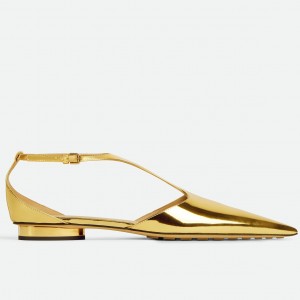 Bottega Veneta Rocket T-Bar Ballerina Flats In Gold Patent Leather