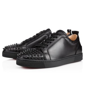 Christian Louboutin Men's Louis Junior Spikes Flat Sneakers In Black Leather