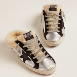 Golden Goose Women's Super-Star Sabot in Silver Laminated Leather with Black Star 