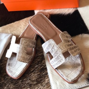 Hermes Oran Slide Sandals In Himalaya Niloticus Crocodile Skin