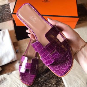 Hermes Oran Slide Sandals In Purple Shiny Niloticus Crocodile Skin