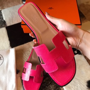 Hermes Oran Slide Sandals In Red Lizard Leather