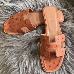 Hermes Oran Slide Sandals In Brown Ostrich Leather