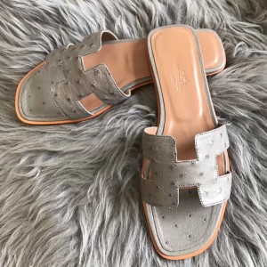 Hermes Oran Slide Sandals In Grey Ostrich Leather