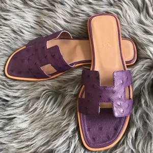 Hermes Oran Slide Sandals In Purple Ostrich Leather