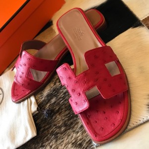 Hermes Oran Slide Sandals In Red Ostrich Leather