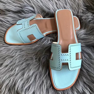 Hermes Oran Slide Sandals In Blue Atoll Epsom Perforated Calfskin