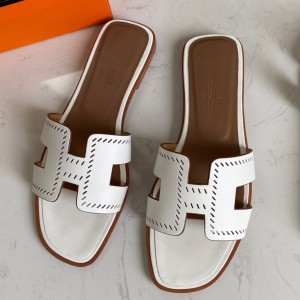 Hermes Oran Slide Sandals In White Swift Perforated Calfskin