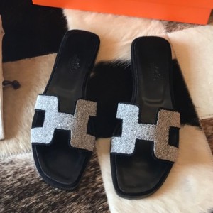 Hermes Oran Slide Sandals In Black Suede With Crystal