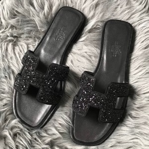 Hermes Oran Slide Sandals In Black Suede With Black Crystal