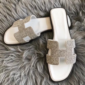 Hermes Oran Slide Sandals In White Suede With Crystal