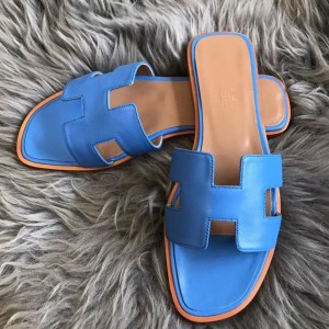 Hermes Oran Slide Sandals In Blue Swift Calfskin 