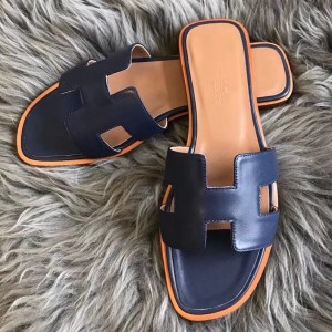 Hermes Oran Slide Sandals In Navy Blue Swift Calfskin