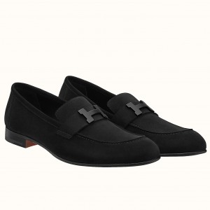 Hermes Men's Paris Loafers In Black Suede Calfskin