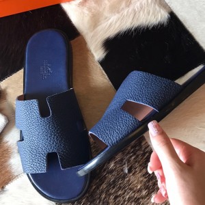 Hermes Men's Izmir Sandals In Blue Saphir Clemence Leather