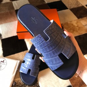 Hermes Men's Izmir Sandals In Blue Matte Niloticus Crocodile Leather