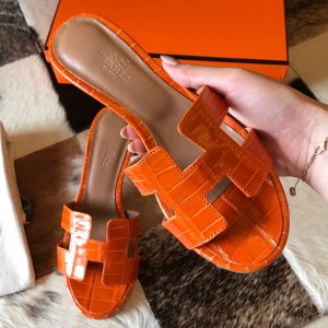 Hermes Oasis Slide Sandals In Orange Niloticus Crocodile Shiny Skin