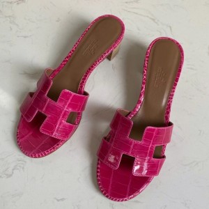 Hermes Oasis Slide Sandals In Rose Red Niloticus Crocodile Shiny Skin