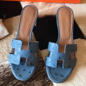 Hermes Oasis Slide Sandals 50mm In Jean Blue Ostrich Leather