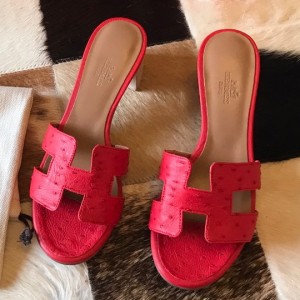 Hermes Oasis Slide Sandals 50mm In Red Ostrich Leather