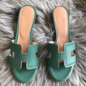 Hermes Oasis Slide Sandals 50mm In Malachite Epsom Perforated Calfskin