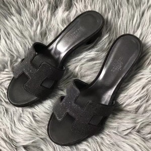 Hermes Oasis Slide Sandals 50mm In Black Suede With Crystal