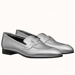 Hermes Women's Paris Loafers In Silver Metallic Goatskin