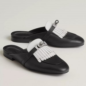 Hermes Women's Oz Mules with Fringed in Black/White Leather