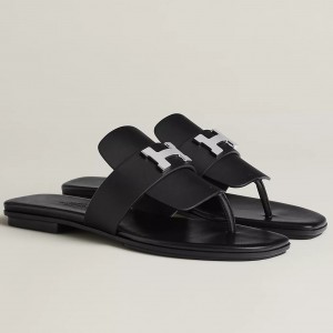Hermes Galerie Sandals In Black Calfskin