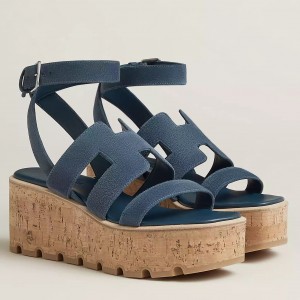 Hermes Havane 30 Sandals in Blue Suede Leather